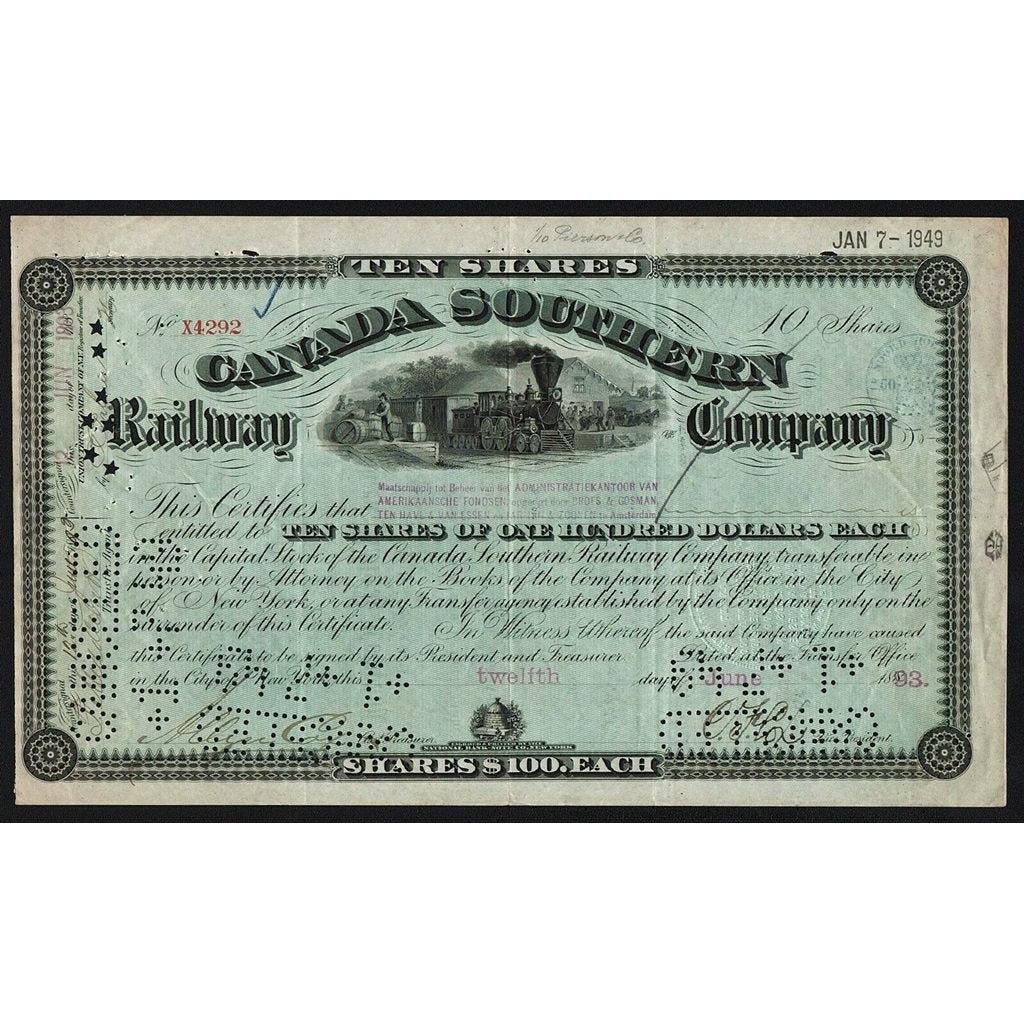 Canada Southern Railway Company 1893 Stock Certificate