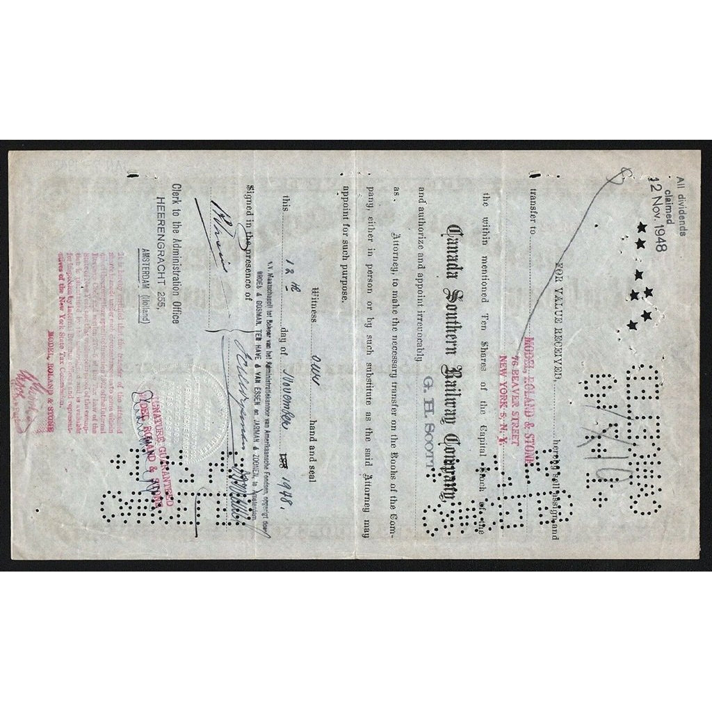 Canada Southern Railway Company 1893 Stock Certificate
