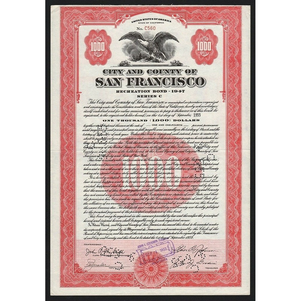 City and County of San Francisco 1950 California Bond Certificate