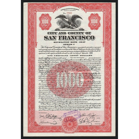 City and County of San Francisco 1950 California Bond Certificate