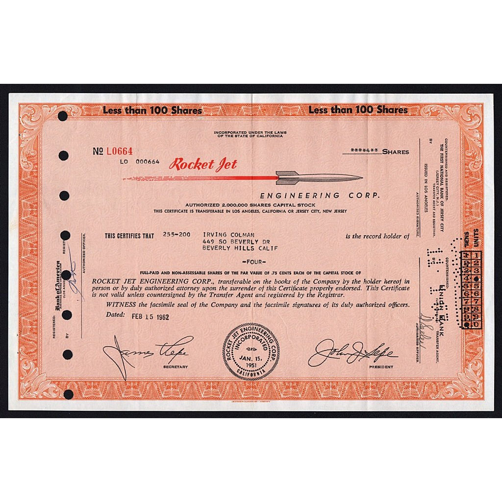 Rocket Jet Engineering Corp. Stock Certificate Aviation