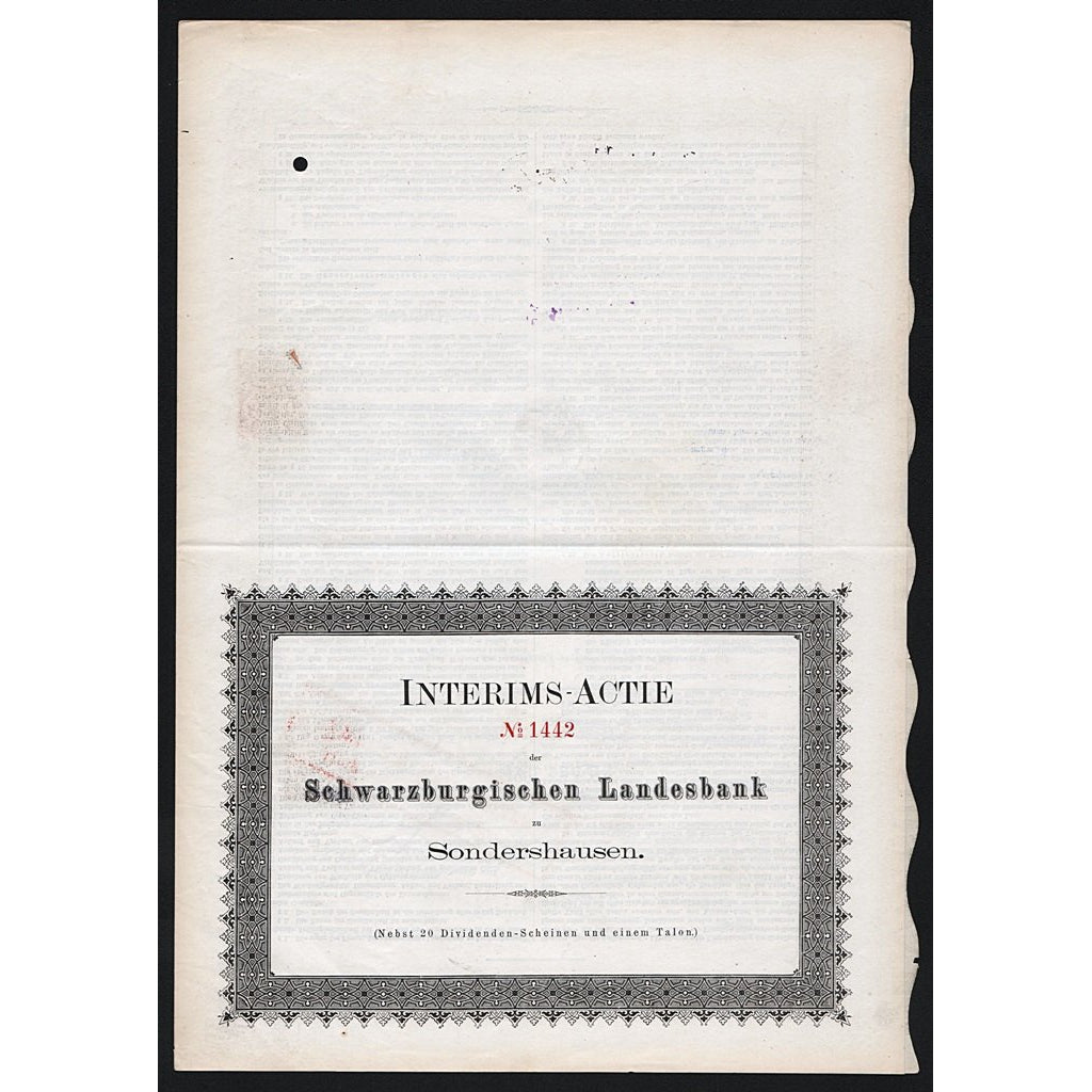 Schwarzburgische Landesbank zu Sonderhausen 1878 Germany Bank Stock Certificate