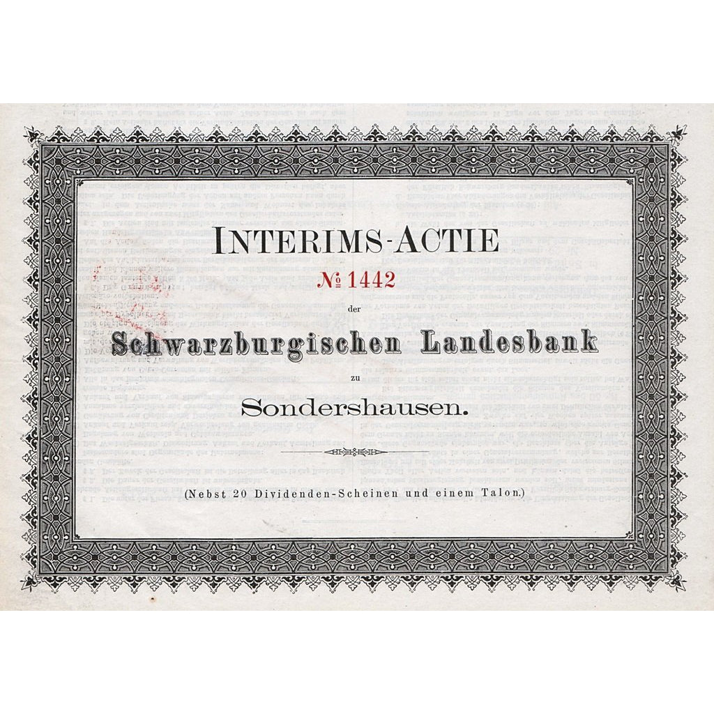 Schwarzburgische Landesbank zu Sonderhausen 1878 Germany Bank Stock Certificate
