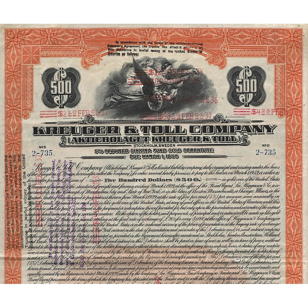 Kreuger & Toll Company - Aktiebolaget Kreuger & Toll 1929 Sweden Stock Bond Certificate