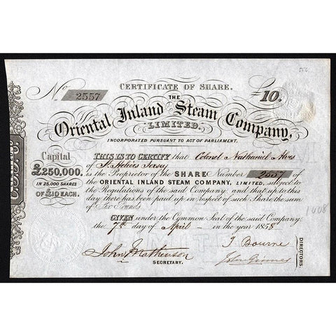 The Oriental Inland Steam Company, Limited Stock Certificate
