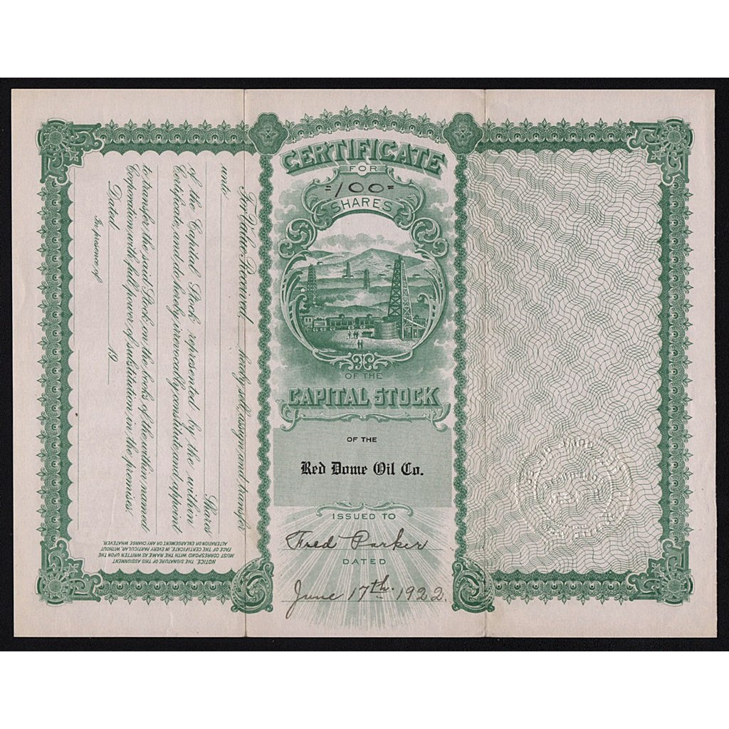 Red Dome Oil Co. Washington Stock Certificate