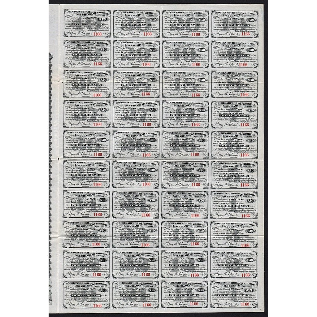 Ogdensburgh and Lake Champlain Railroad Company 1880 Bond Certificate - Stuyvesant Fish Signature