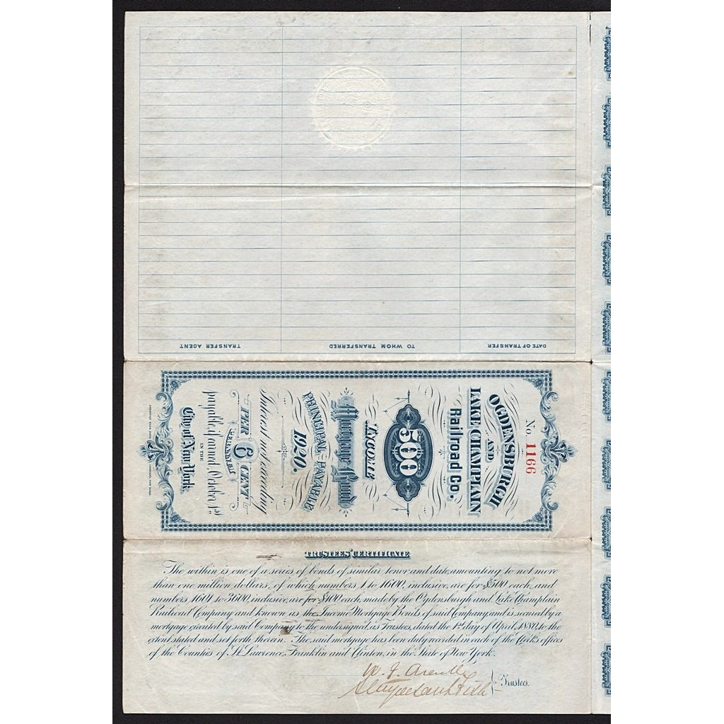 Ogdensburgh and Lake Champlain Railroad Company 1880 Bond Certificate - Stuyvesant Fish Signature