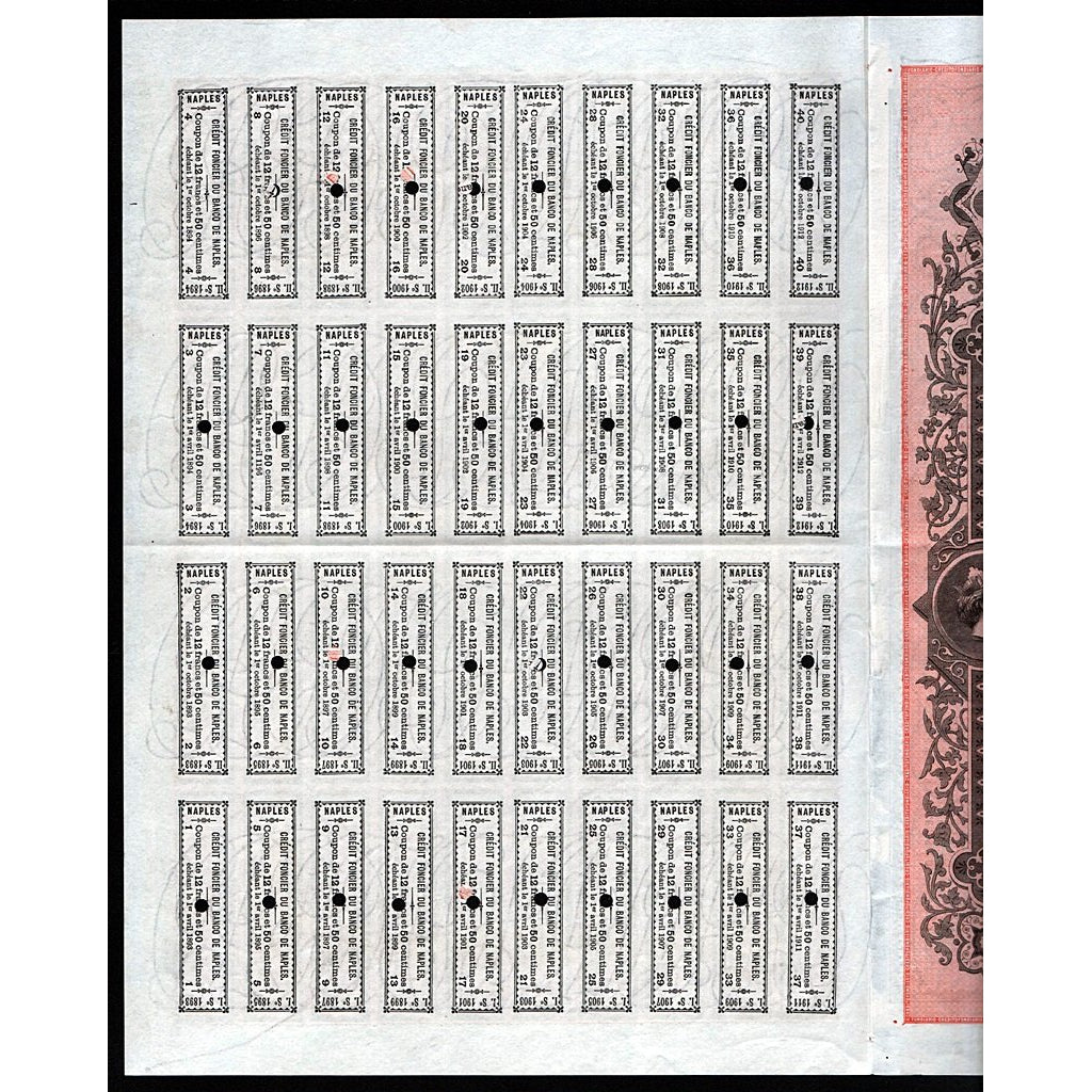 Credito Fondiario Del Banco Di Napoli 1885 Italy Stock Certificate