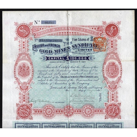 The English and French Gold Mines Syndicate Limited Stock Certificate