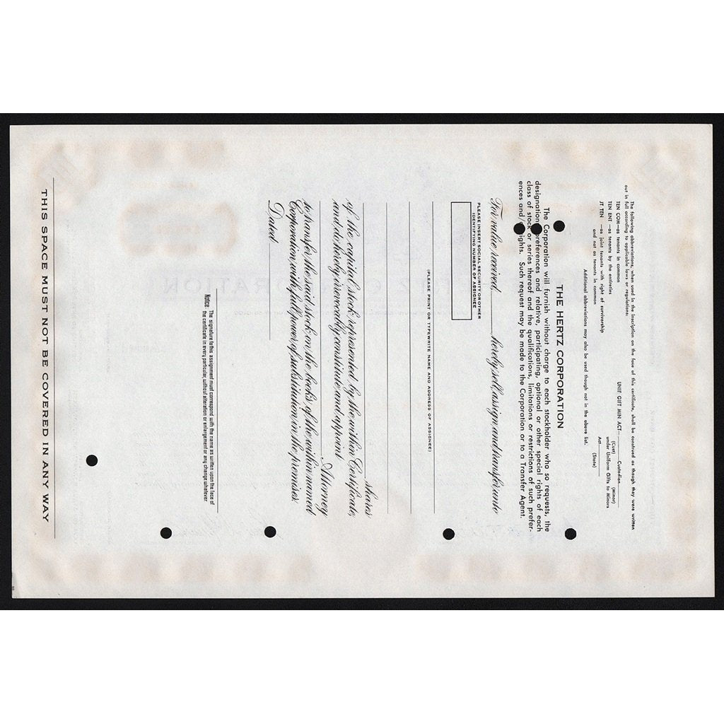 The Hertz Corporation (Specimen) Car Rental Company Stock Certificate