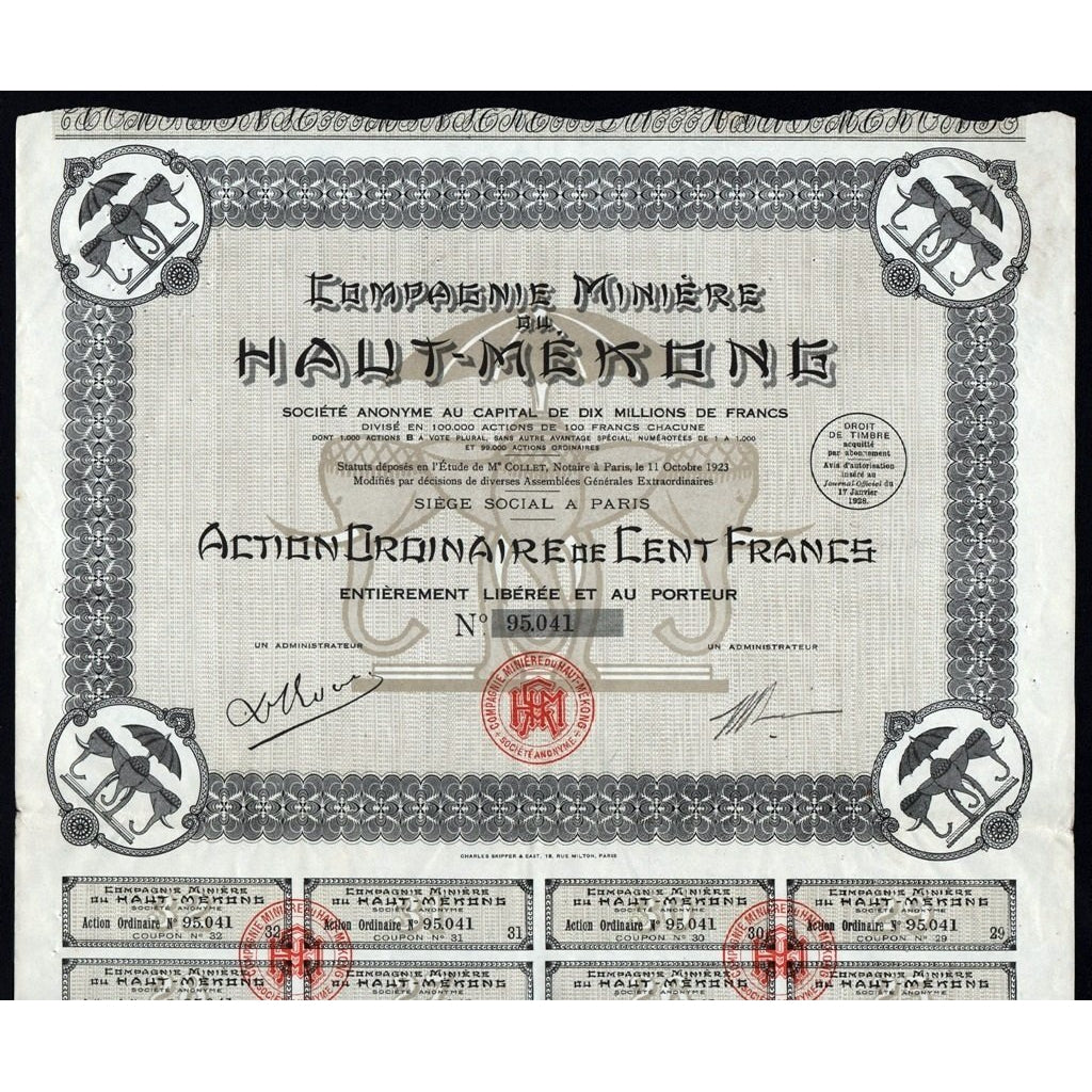Compagnie Miniere du Haut-Mekong Saigon Elephants Stock Certificate