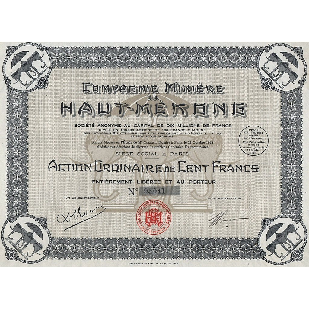 Compagnie Miniere du Haut-Mekong Saigon Elephants Stock Certificate