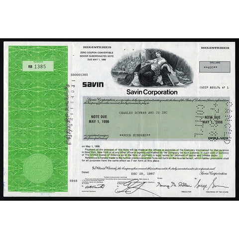 Savin Corporation Stock Bond Certificate