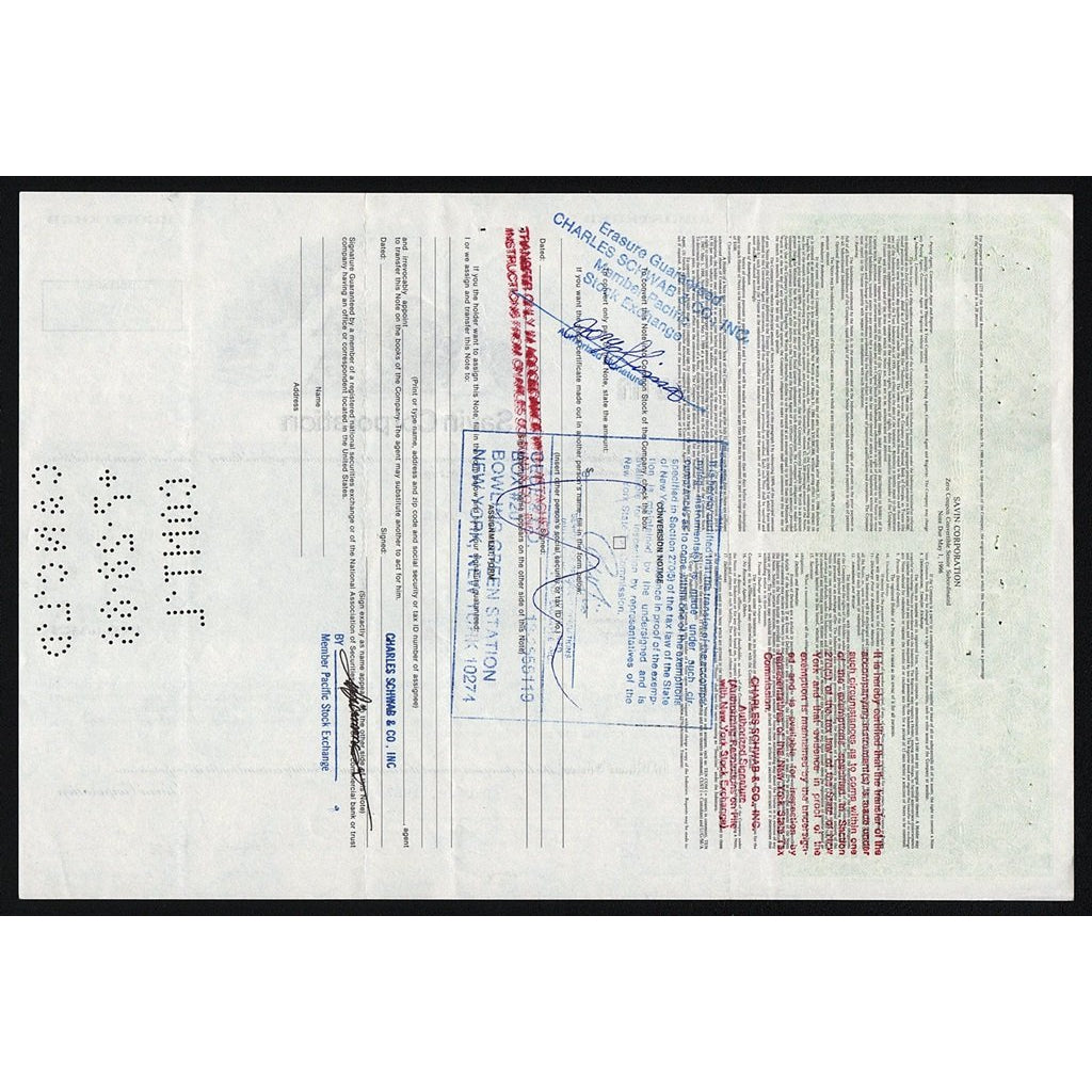 Savin Corporation Stock Bond Certificate