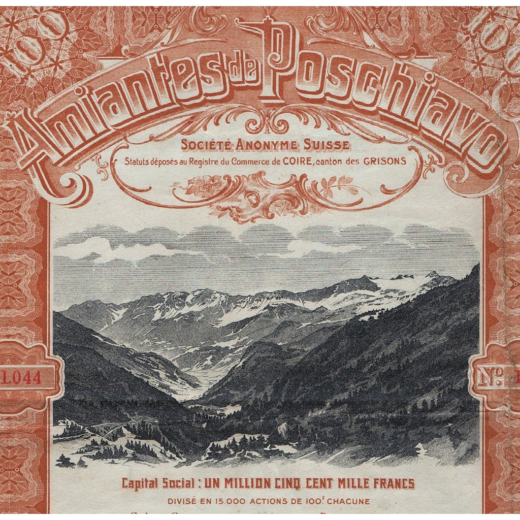 Amiantes de Poschiavo 1906 Schweiz Switzerland Stock Certificate