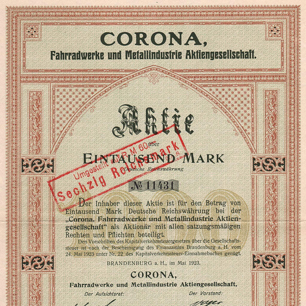 Corona, Fahrradwerke und Metallindustrie Aktiengesellschaft 1923 Germany Stock Certificate