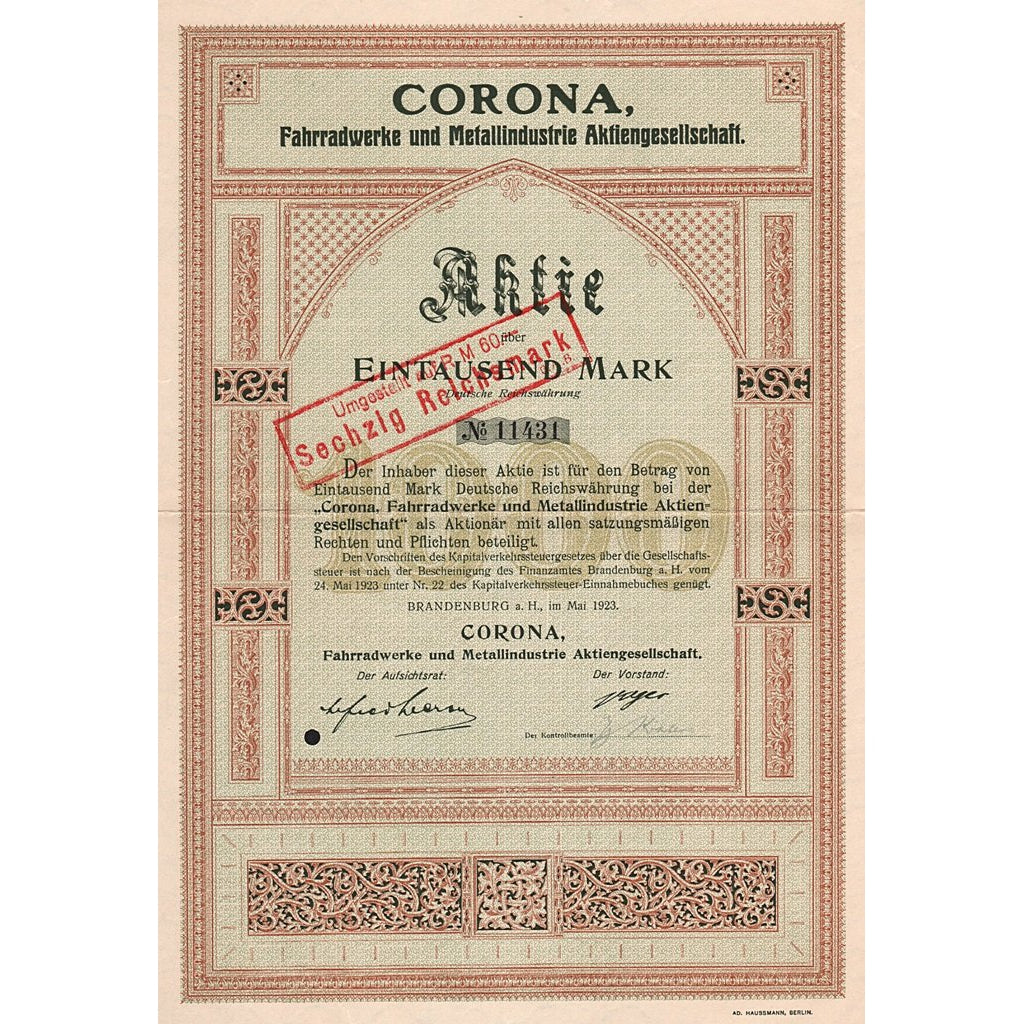Corona, Fahrradwerke und Metallindustrie Aktiengesellschaft 1923 Germany Stock Certificate