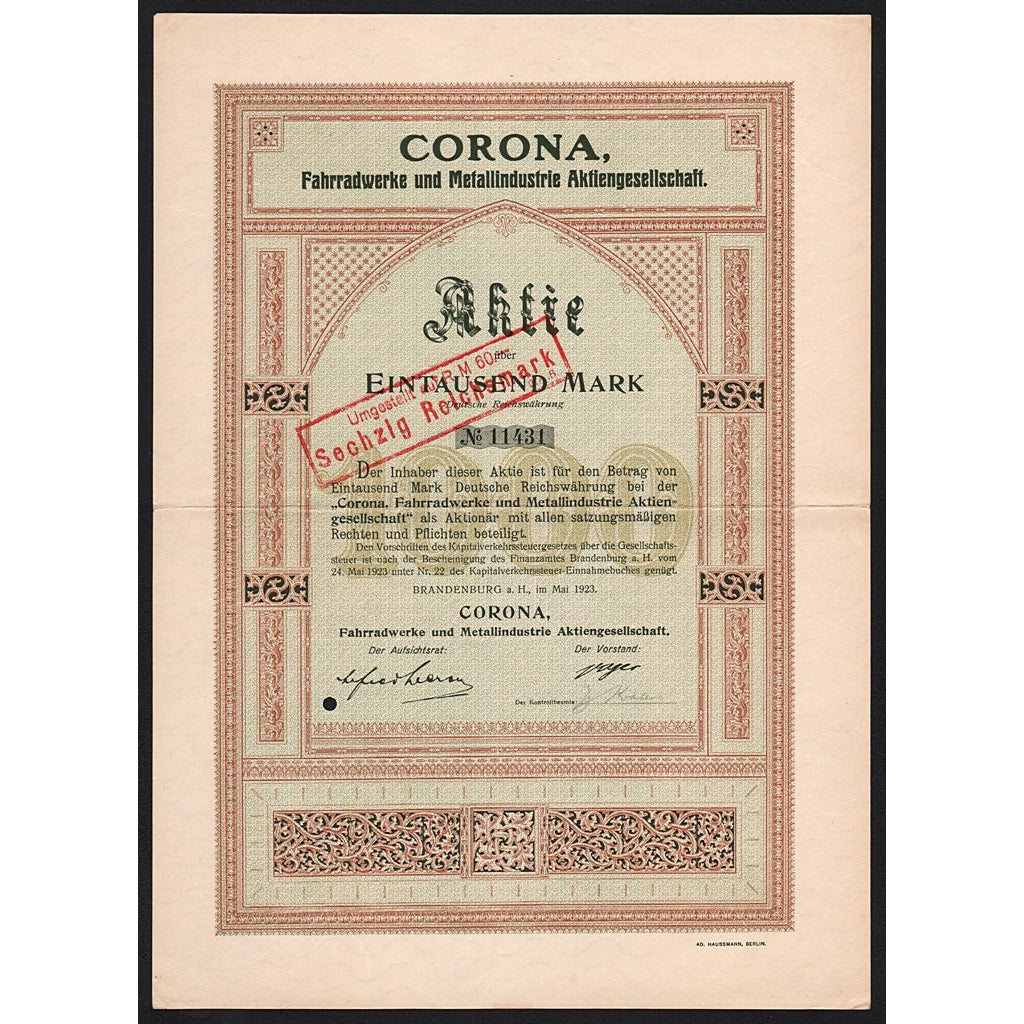 Corona, Fahrradwerke und Metallindustrie Aktiengesellschaft 1923 Germany Stock Certificate