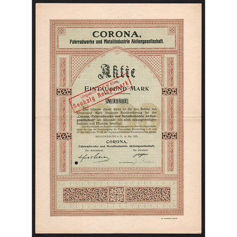 Corona, Fahrradwerke und Metallindustrie Aktiengesellschaft 1923 Germany Stock Certificate