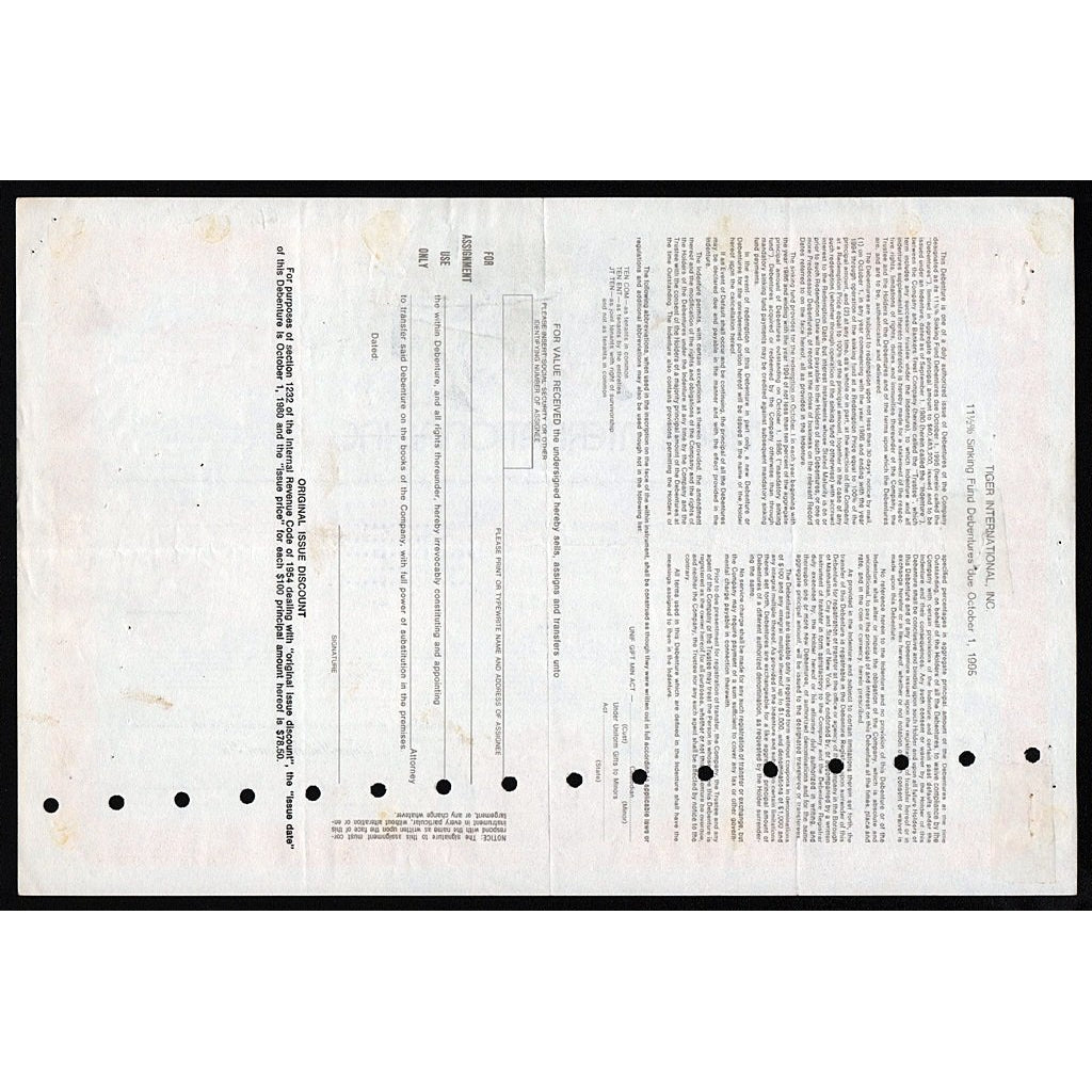 Tiger International, Inc. Debenture Bond Certificate