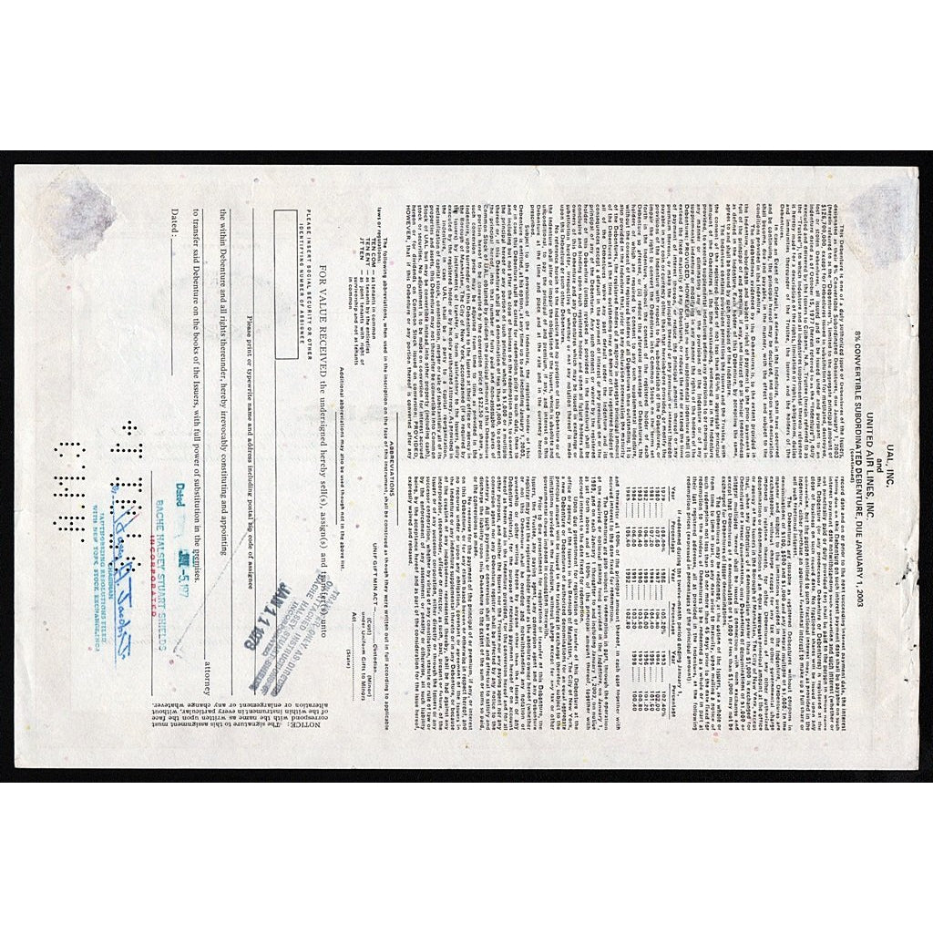 UAL, Inc. and United Air Lines, Inc. Stock Bond Certificate