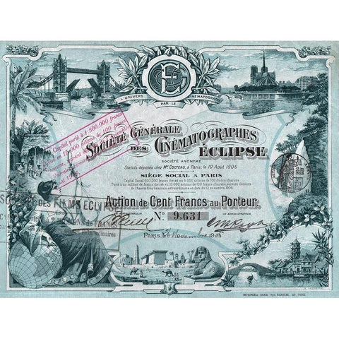 Societe Generale des Cinematographes Eclipse Stock Certificate