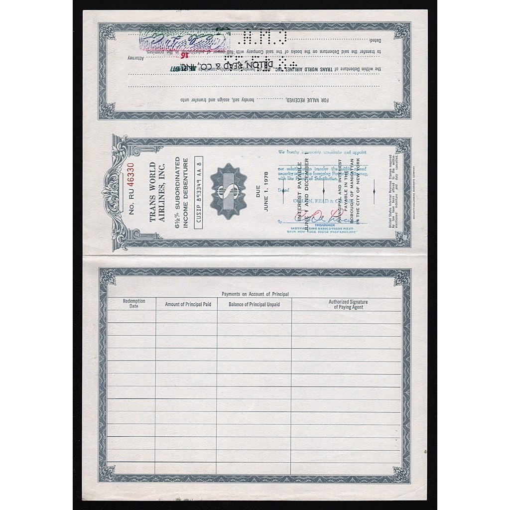 TWA - Trans World Airlines, Inc. ($481,000) Bond Certificate