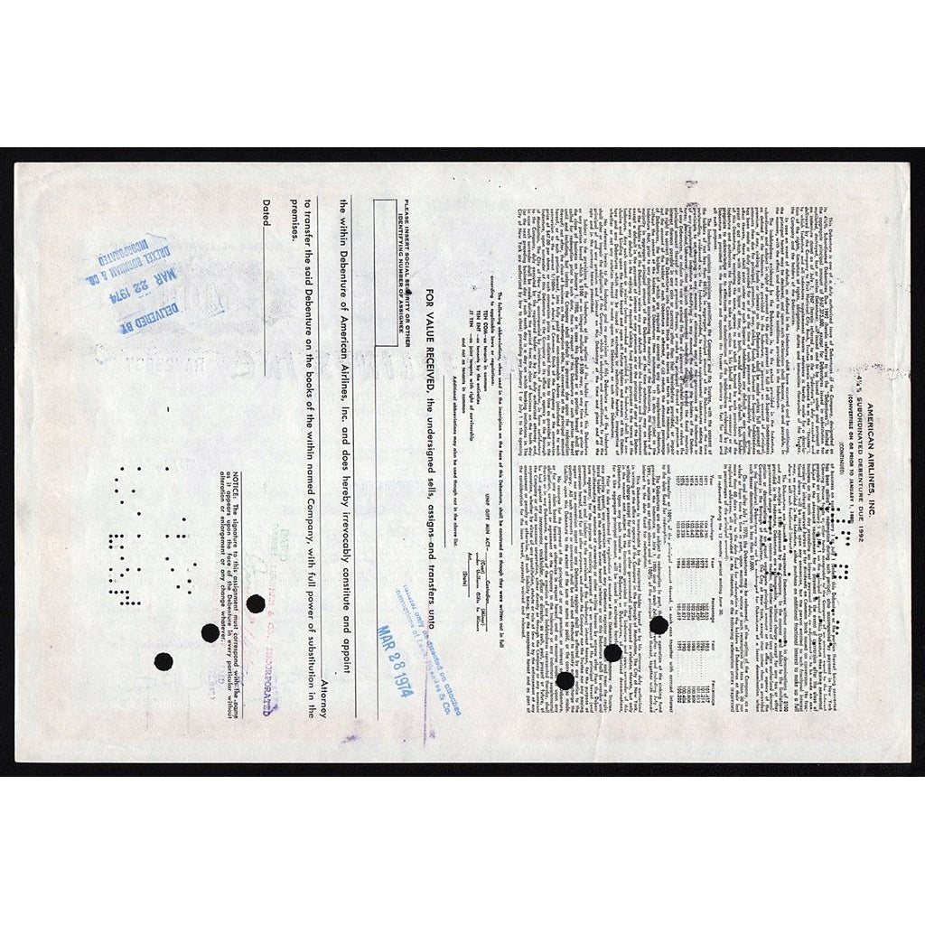 American Airlines, Inc. Debenture Bond Stock Certificate