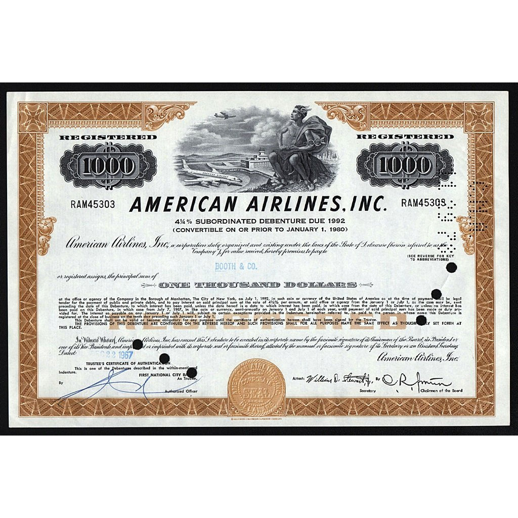American Airlines, Inc. Debenture Stock Bond Certificate