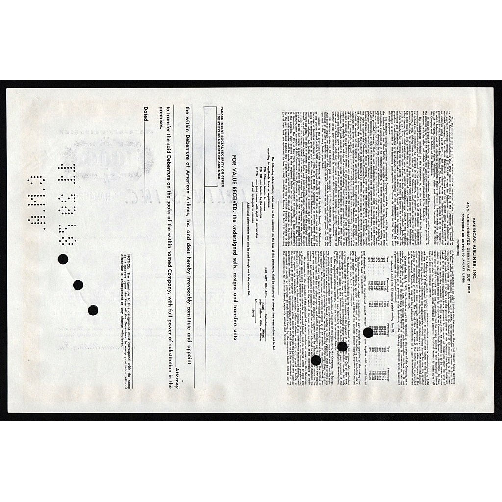 American Airlines, Inc. Debenture Stock Bond Certificate
