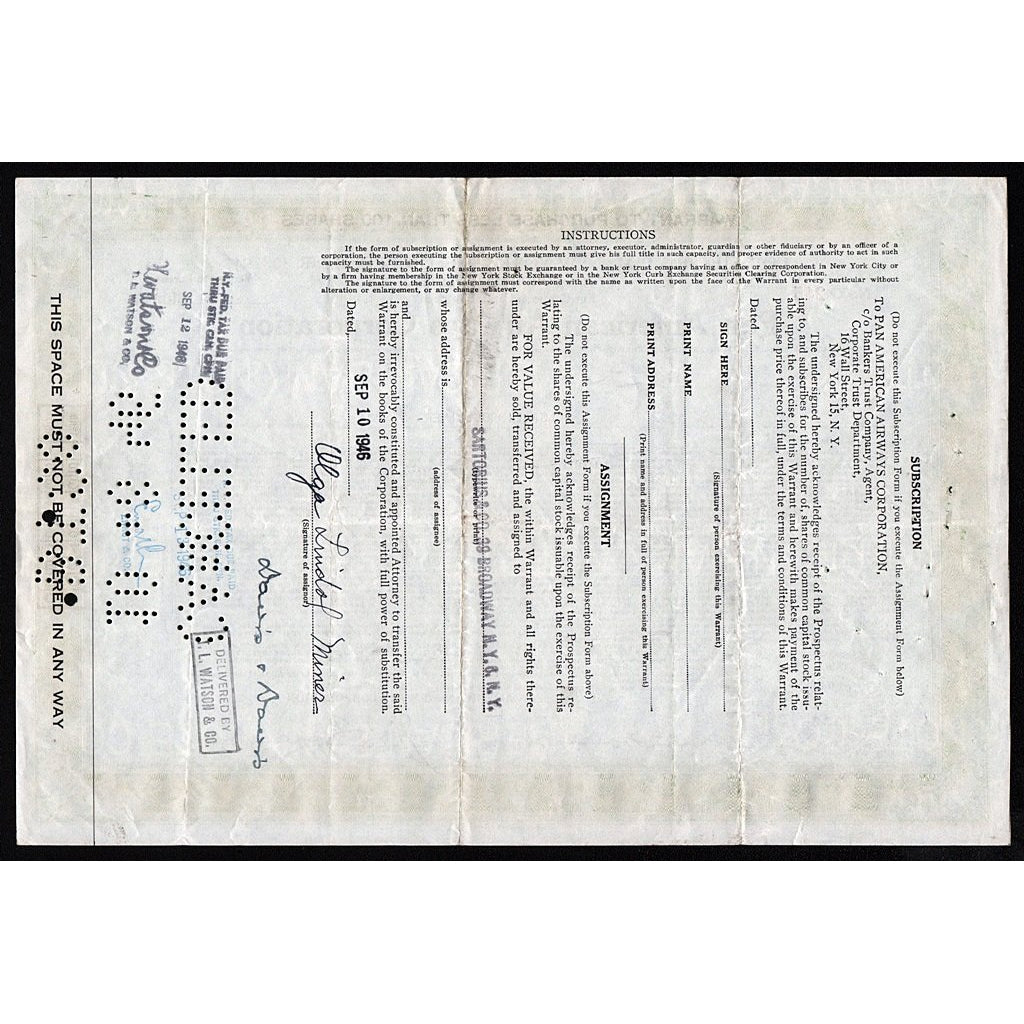 PanAm Pan American Airways Corporation Share Warrant Stock Certificate