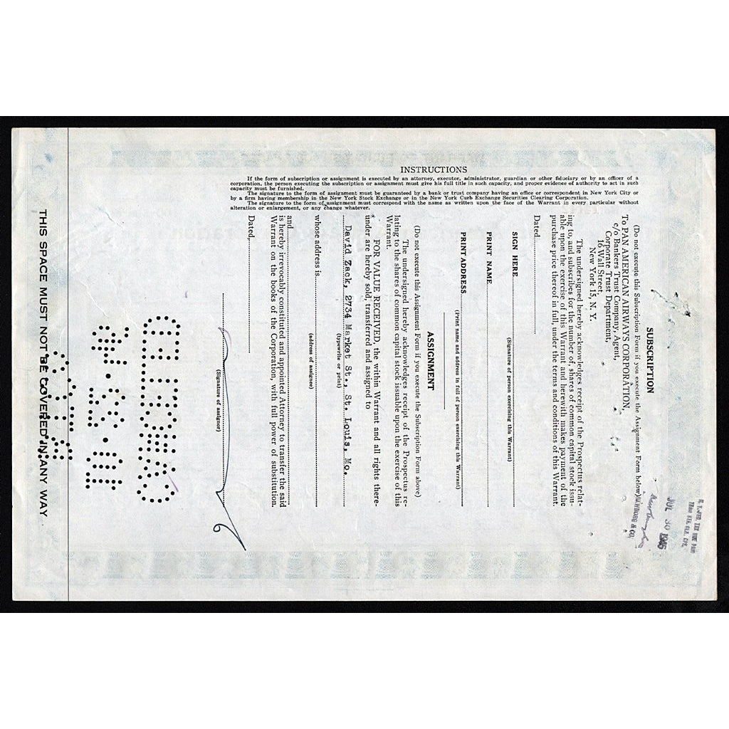PanAm Pan American Airways Corporation Warrant Stock Certificate