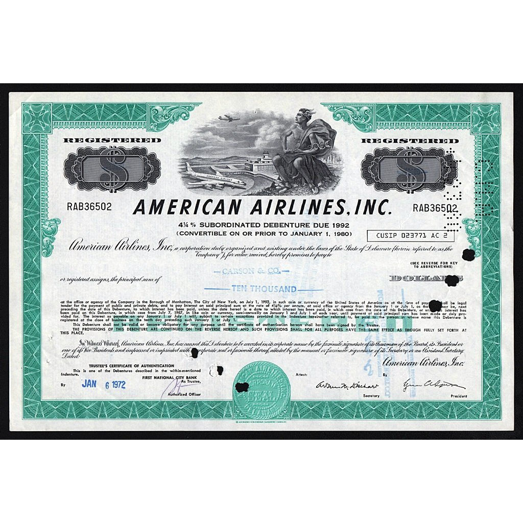 American Airlines, Inc. Debenture Bond Stock Certificate