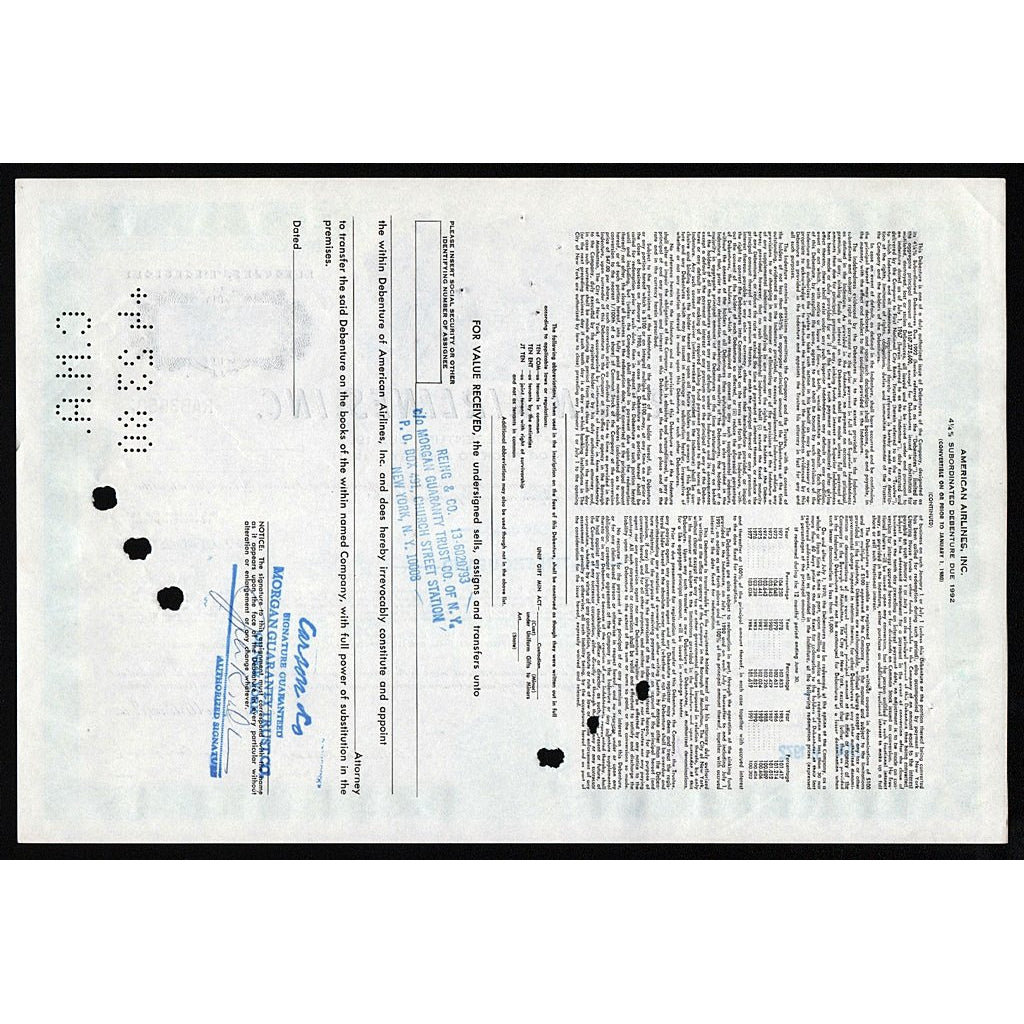 American Airlines, Inc. Debenture Bond Stock Certificate