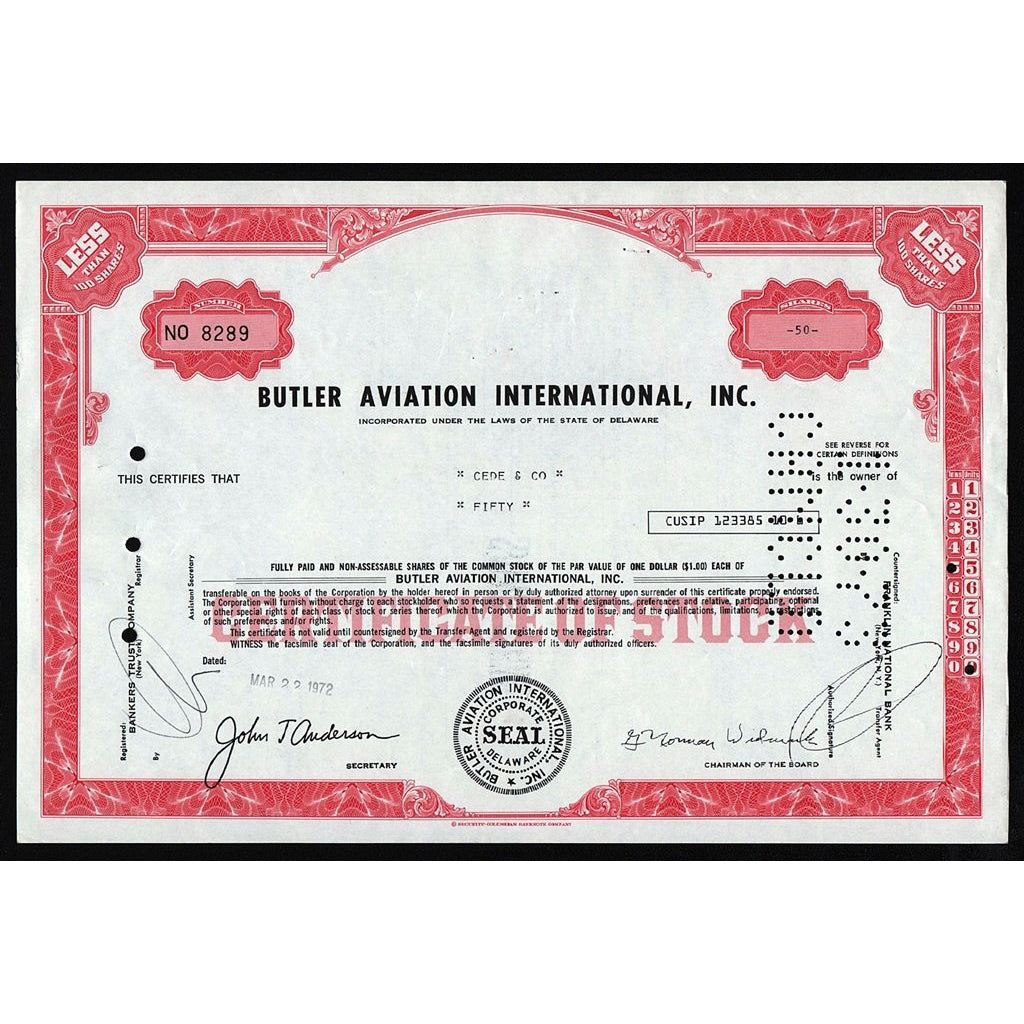 Butler Aviation International, Inc. Stock Certificate