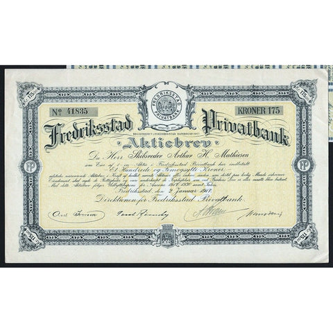 Fredriksstad Privatbank Aktiebrev 1917 Norway Stock Certificate