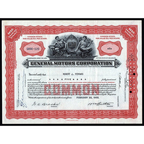 General Motors Corporation Ferrari 1955 Stock Certificate