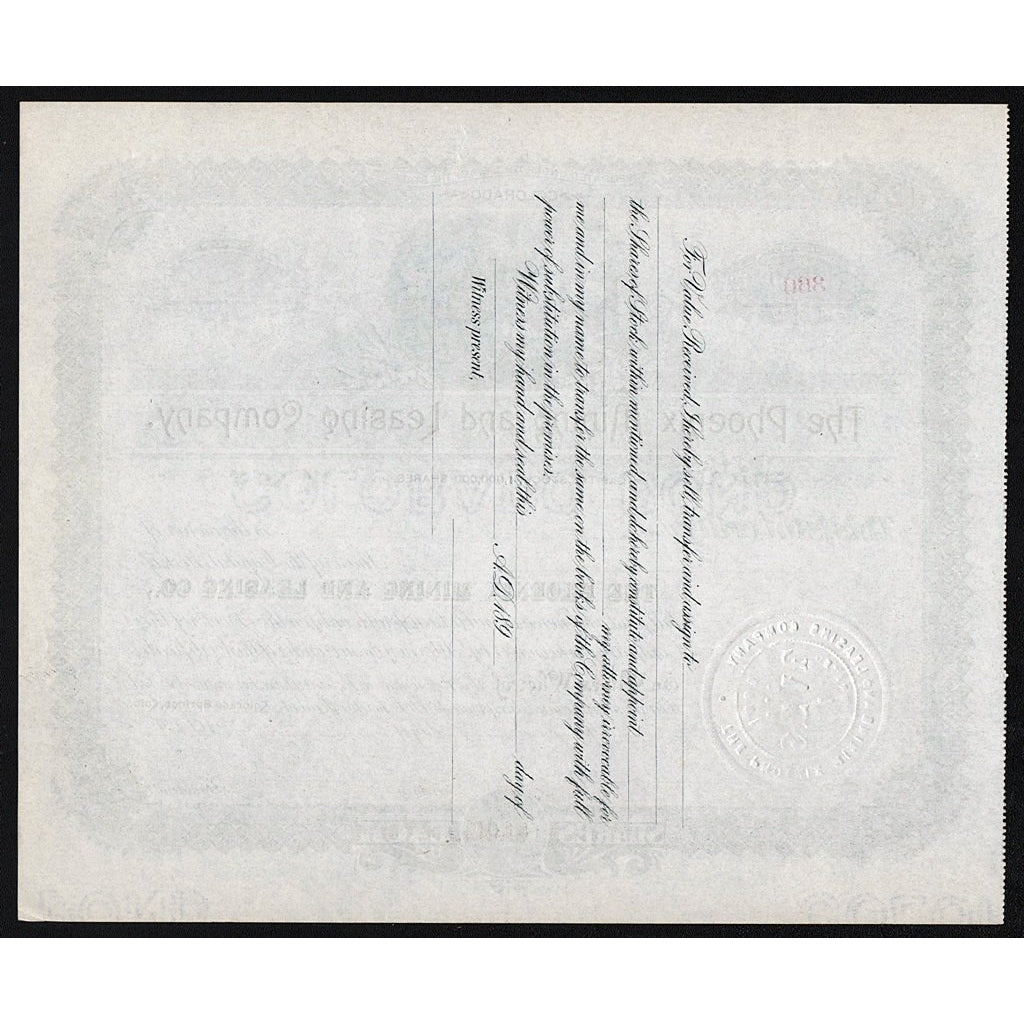 The Phoenix Mining and Leasing Company Colorado Stock Certificate