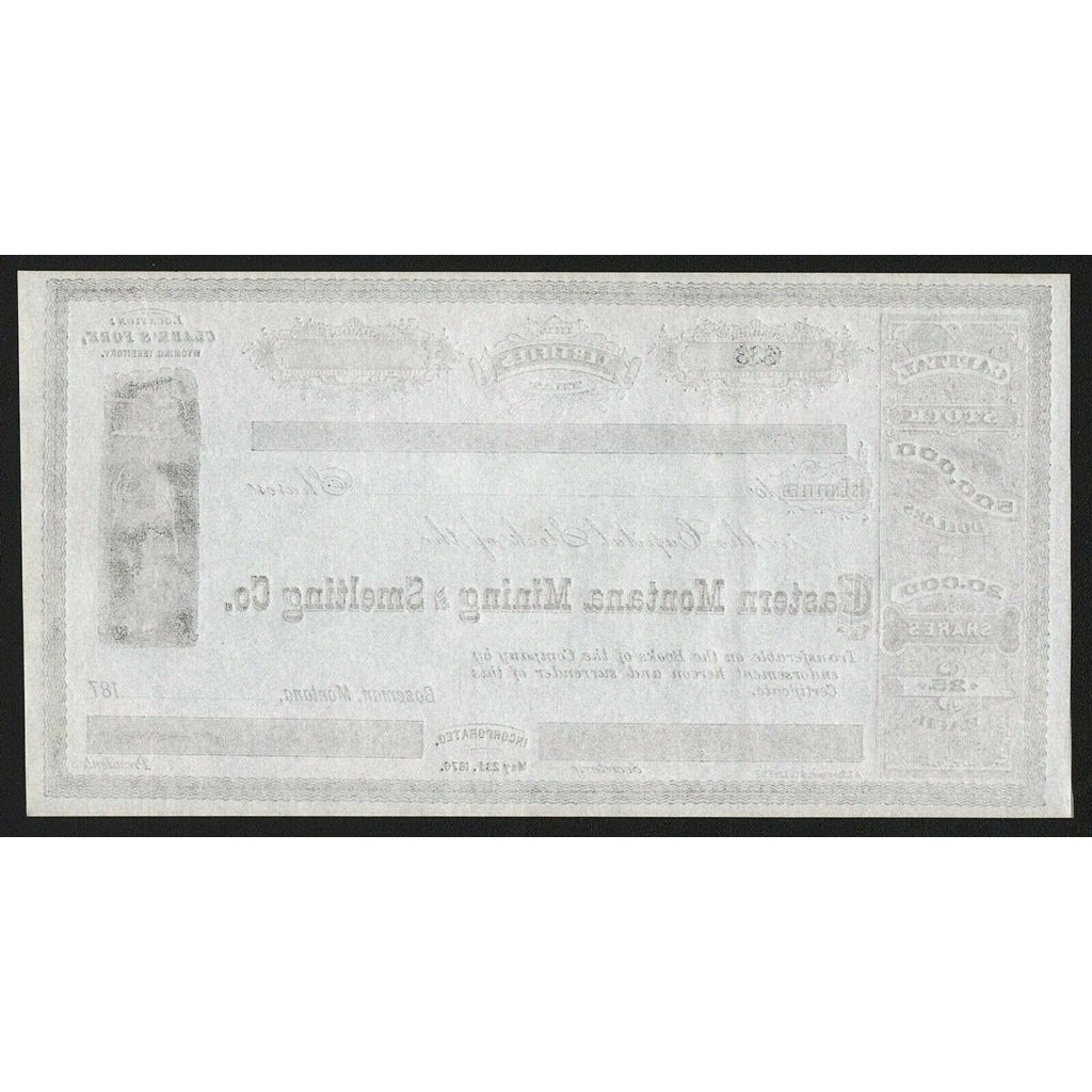 Eastern Montana Mining and Smelting Co. Bozeman Stock Certificate