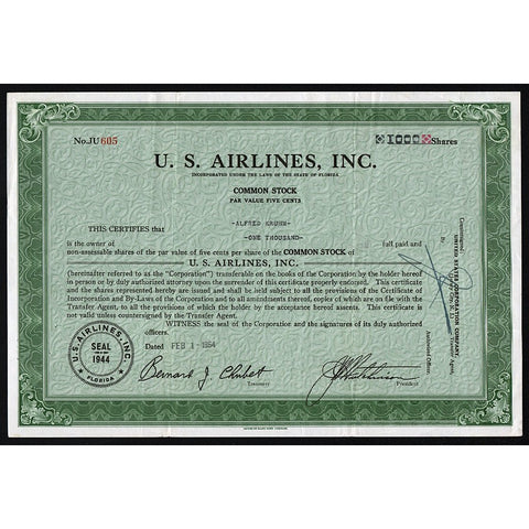 U.S. Airlines, Inc. 1954 Florida Stock Certificate