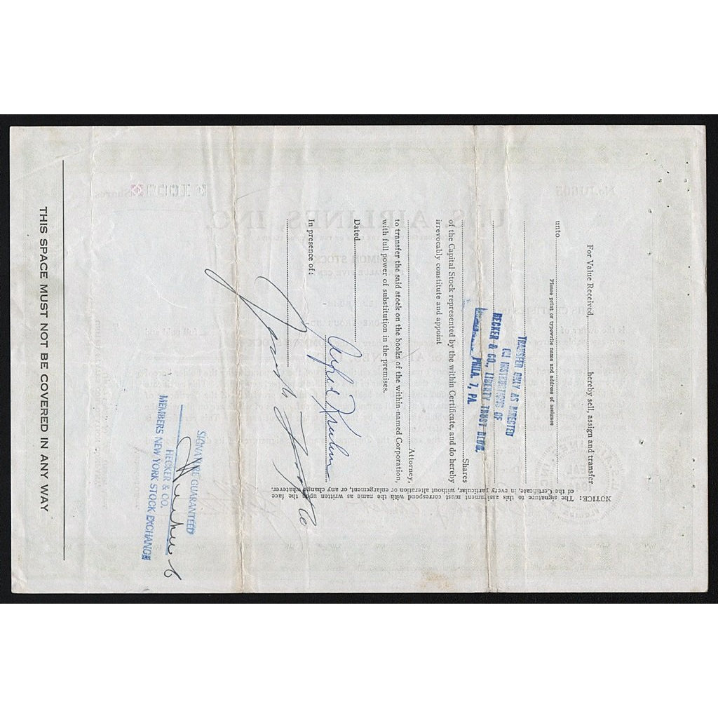 U.S. Airlines, Inc. 1954 Florida Stock Certificate