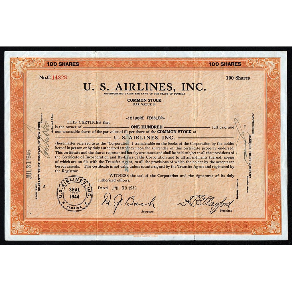 U.S. Airlines, Inc. 1945 Florida Stock Certificate