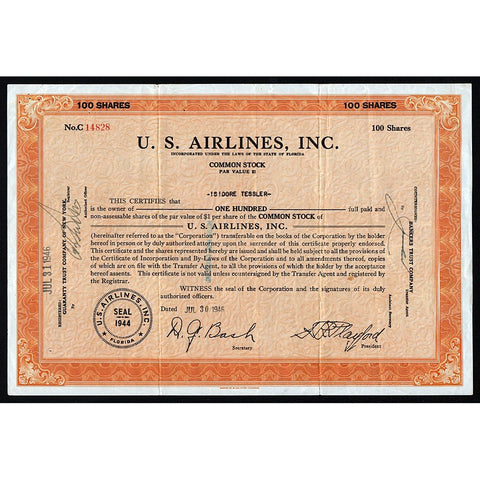 U.S. Airlines, Inc. 1945 Florida Stock Certificate
