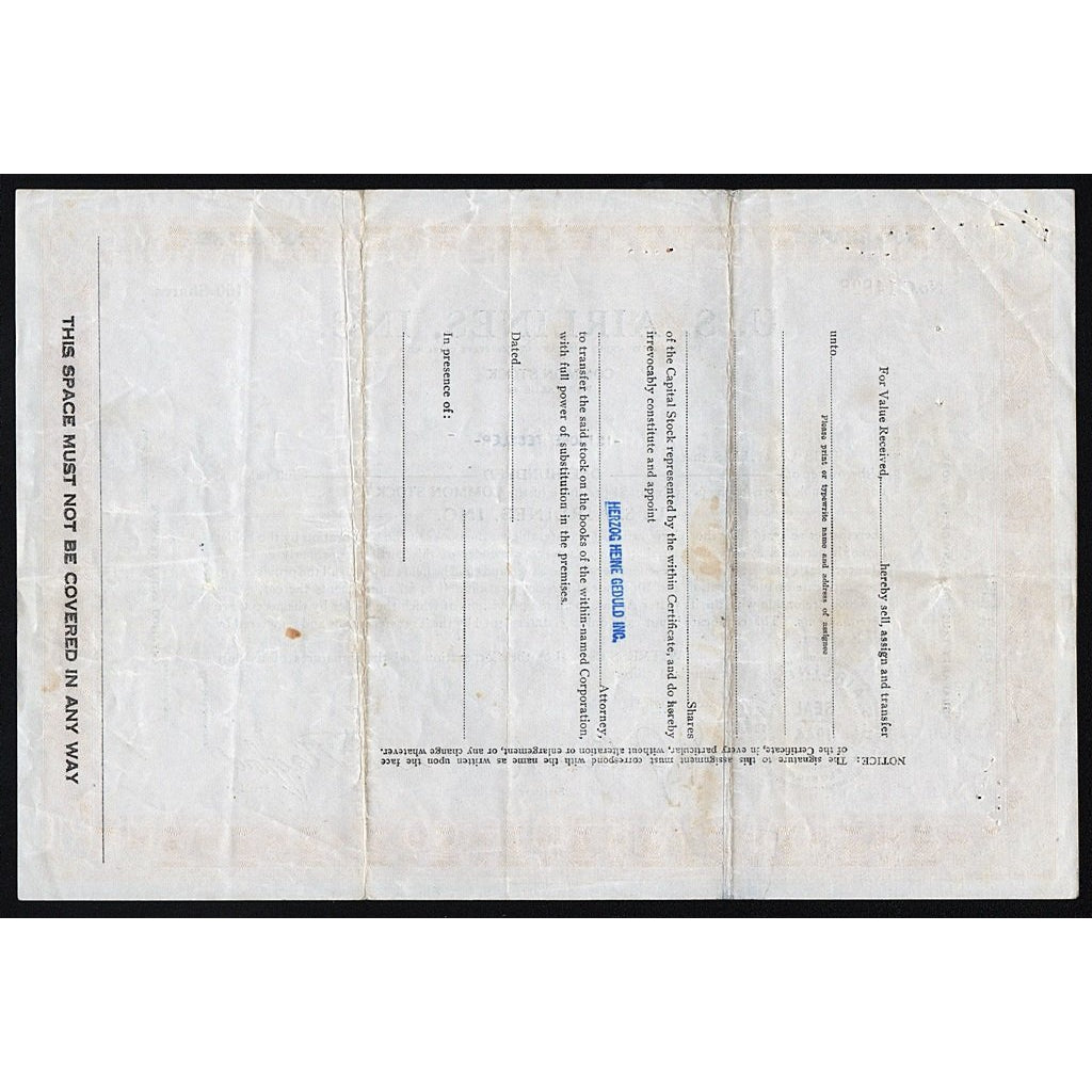U.S. Airlines, Inc. 1945 Florida Stock Certificate