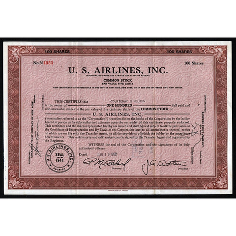 U.S. Airlines, Inc. 1952 Florida Stock Certificate