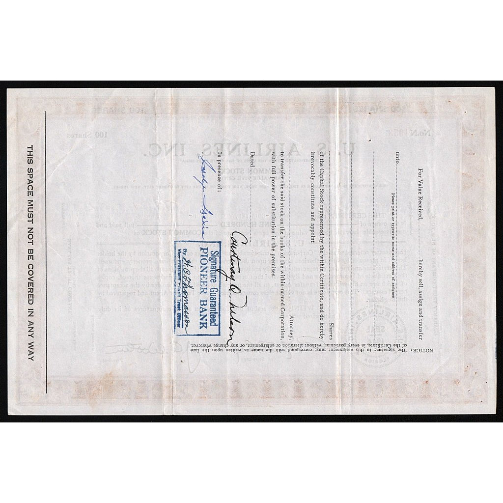 U.S. Airlines, Inc. 1952 Florida Stock Certificate