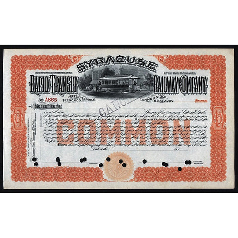 Syracuse Rapid Transit Railway Company New York Stock Certificate