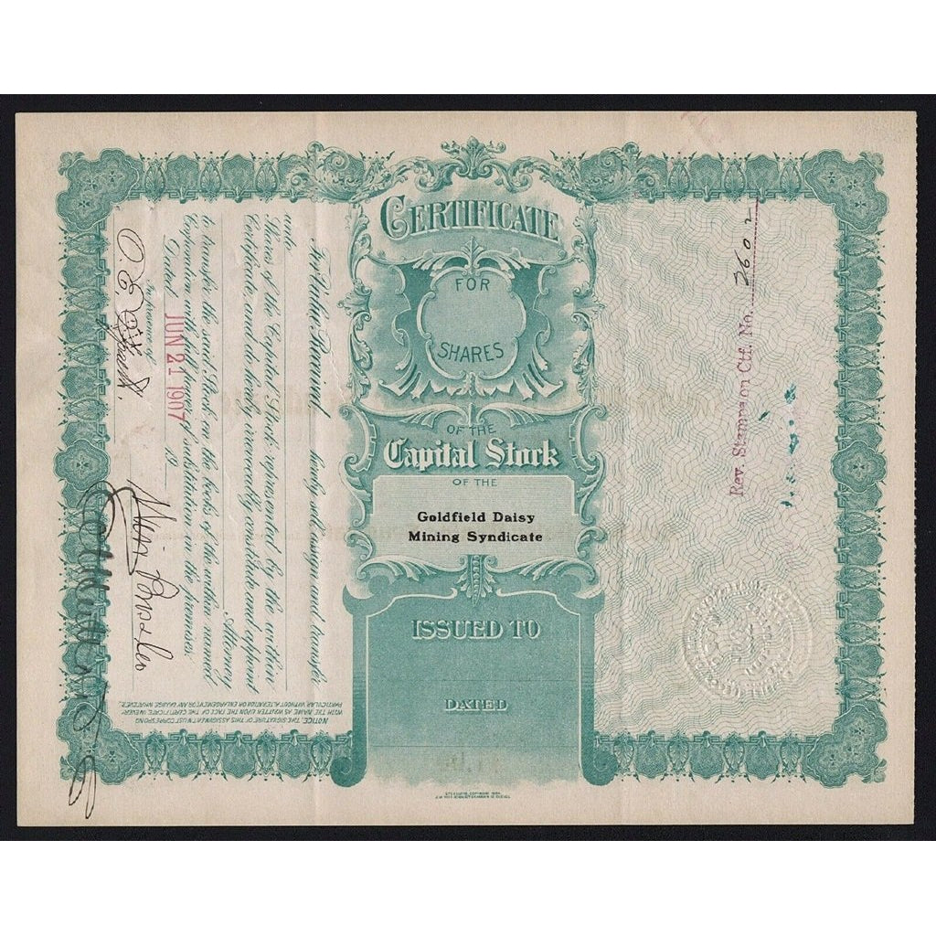 Goldfield Daisy Mining Syndicate 1907 Arizona Stock Certificate