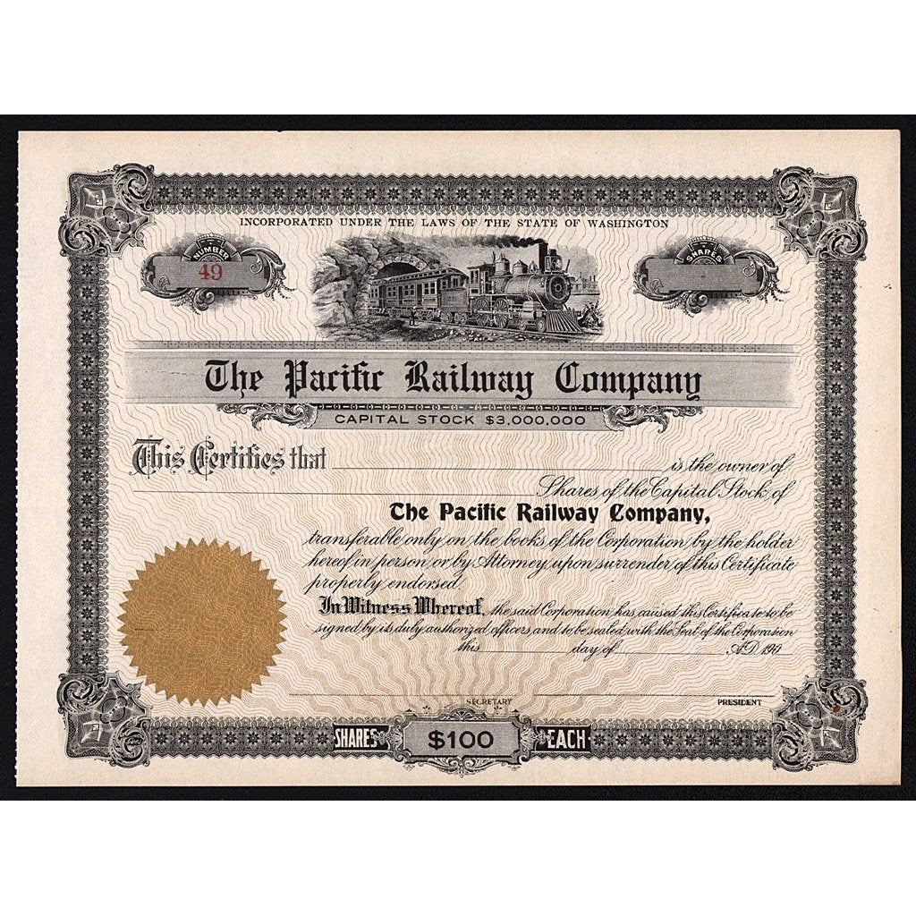 The Pacific Railway Company Washington Stock Certificate